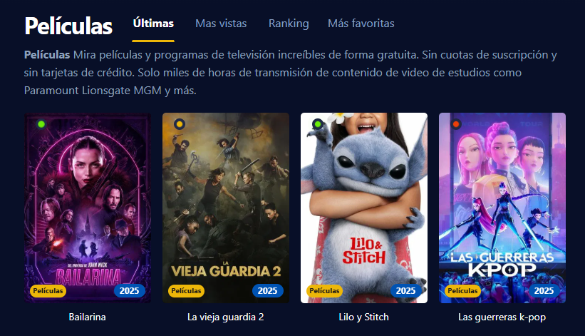 Imagen de la pantalla de Pepelisplus mostrando películas y series organizadas por categorías